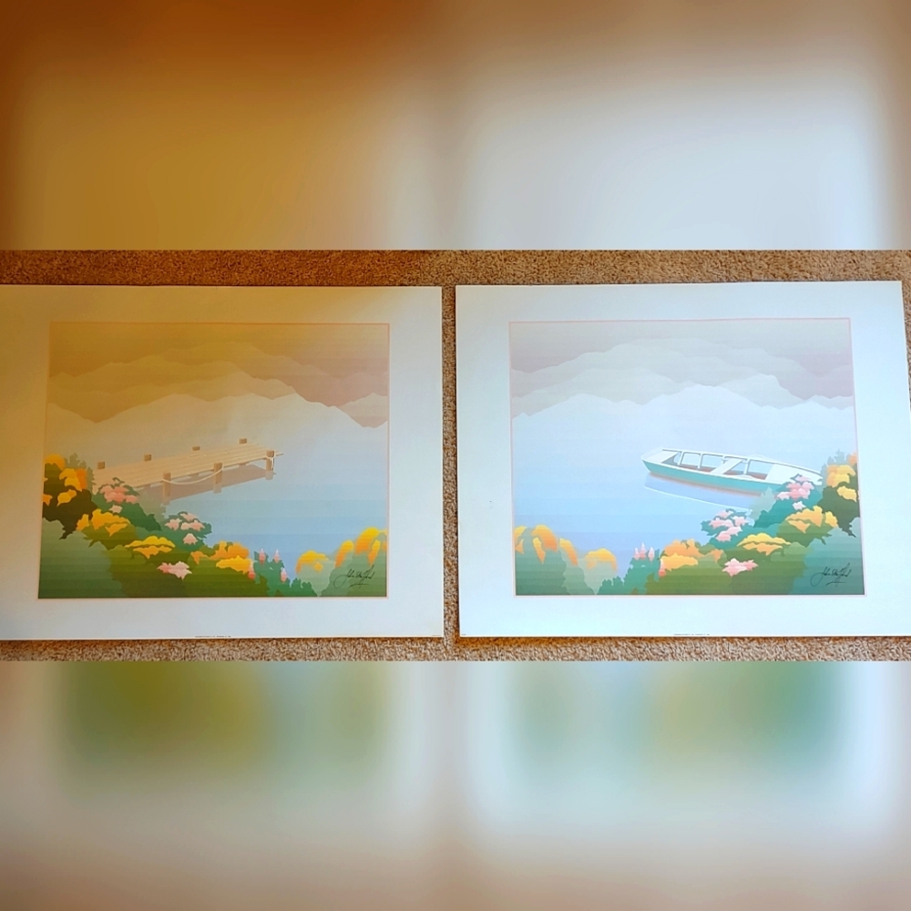 Set of 2 Beautiful Vintage 1985 John Stafford Tranquil Lake Lithograph Prints
